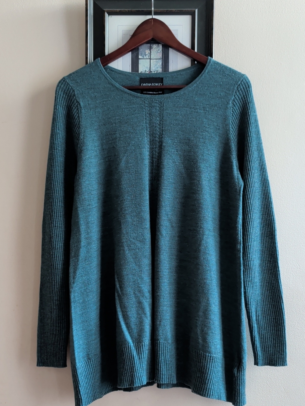 Cynthia Rowley Teal Extrafine Merino Wool Rib Sleeve Crewneck Tunic Sweater
